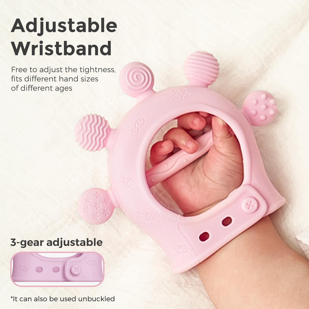 Momcozy teether pink with multiple textures for varied chewing contact.