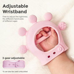 Momcozy teether pink with multiple textures for varied chewing contact.
