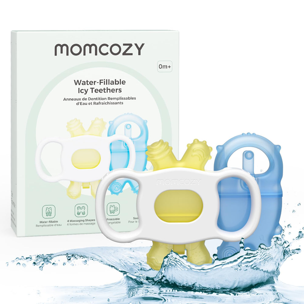Momcozy baby teether water-fill demonstrates cooling relief for sore gums.