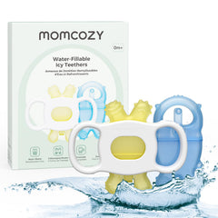 Momcozy baby teether water-fill demonstrates cooling relief for sore gums.
