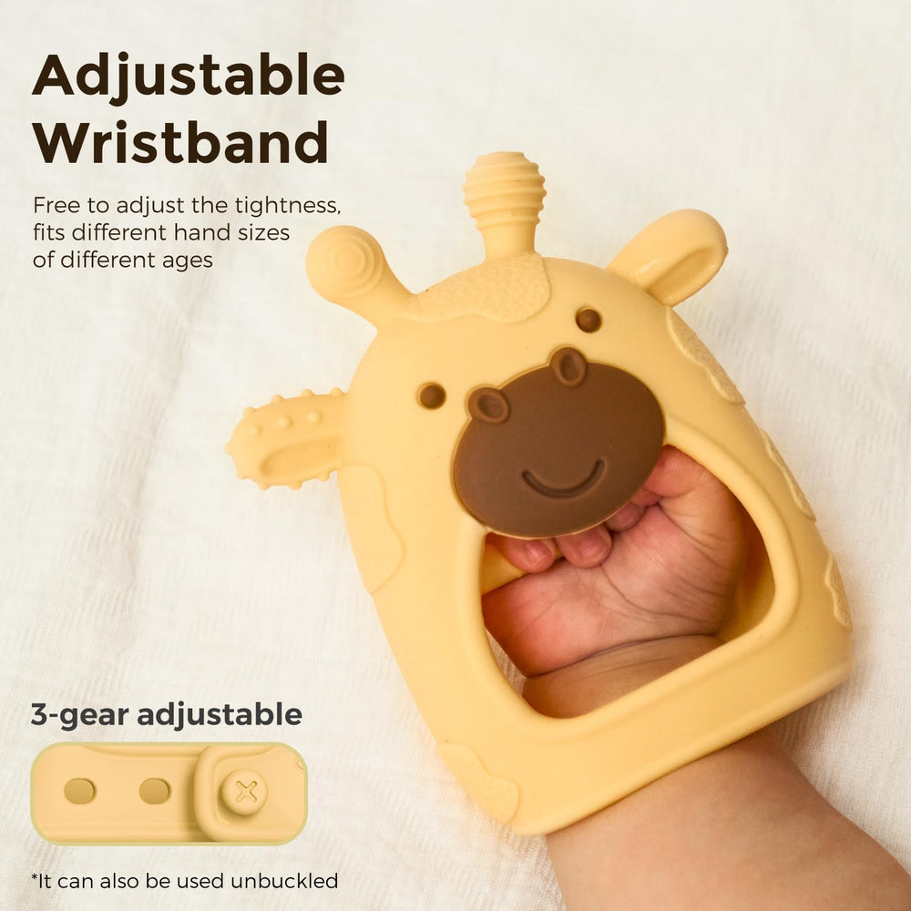 Momcozy teether on adjustable wristband for secure, easy gripping.