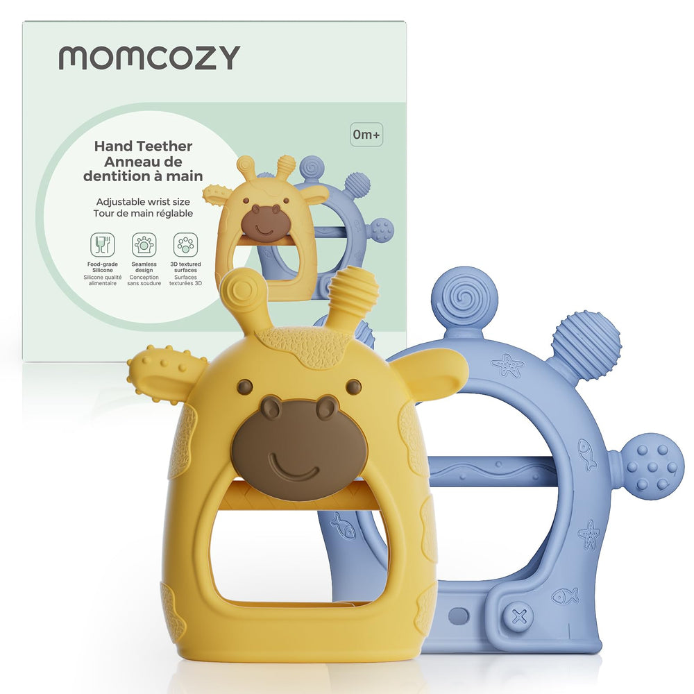 Momcozy yellow teether with textured bite points for soothing gums.