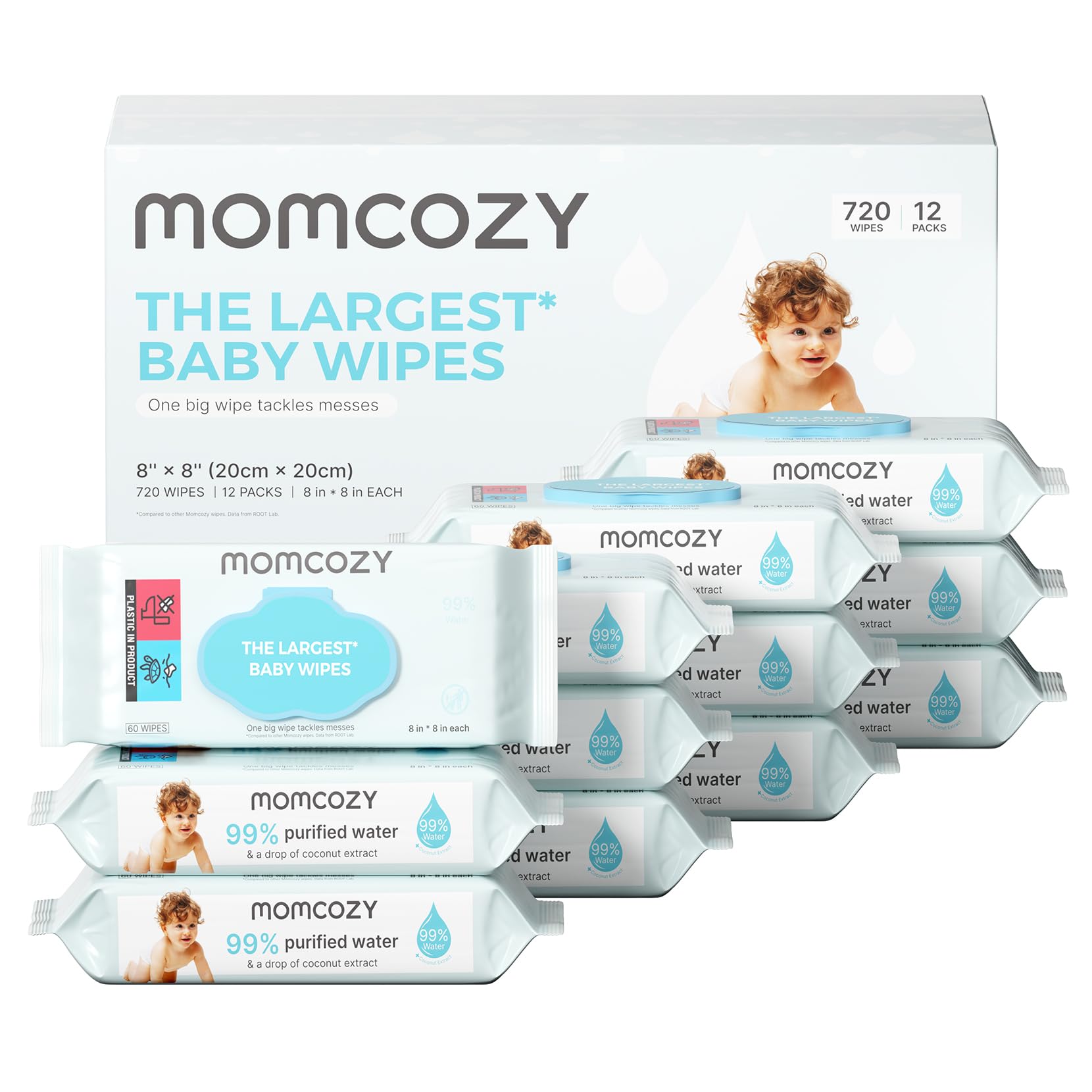 Momcozy baby wipes, 8x8 inch size for quick, thorough cleanups.