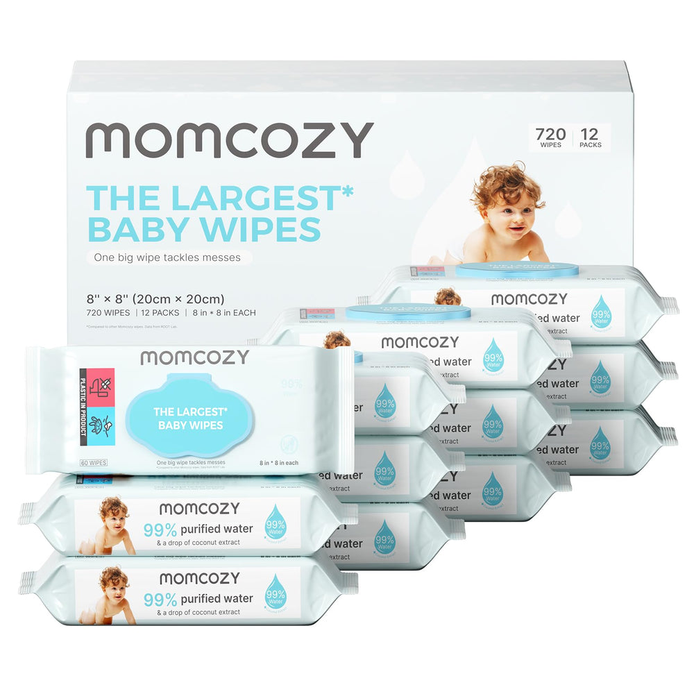 Momcozy baby wipes, 8x8 inch size for quick, thorough cleanups.