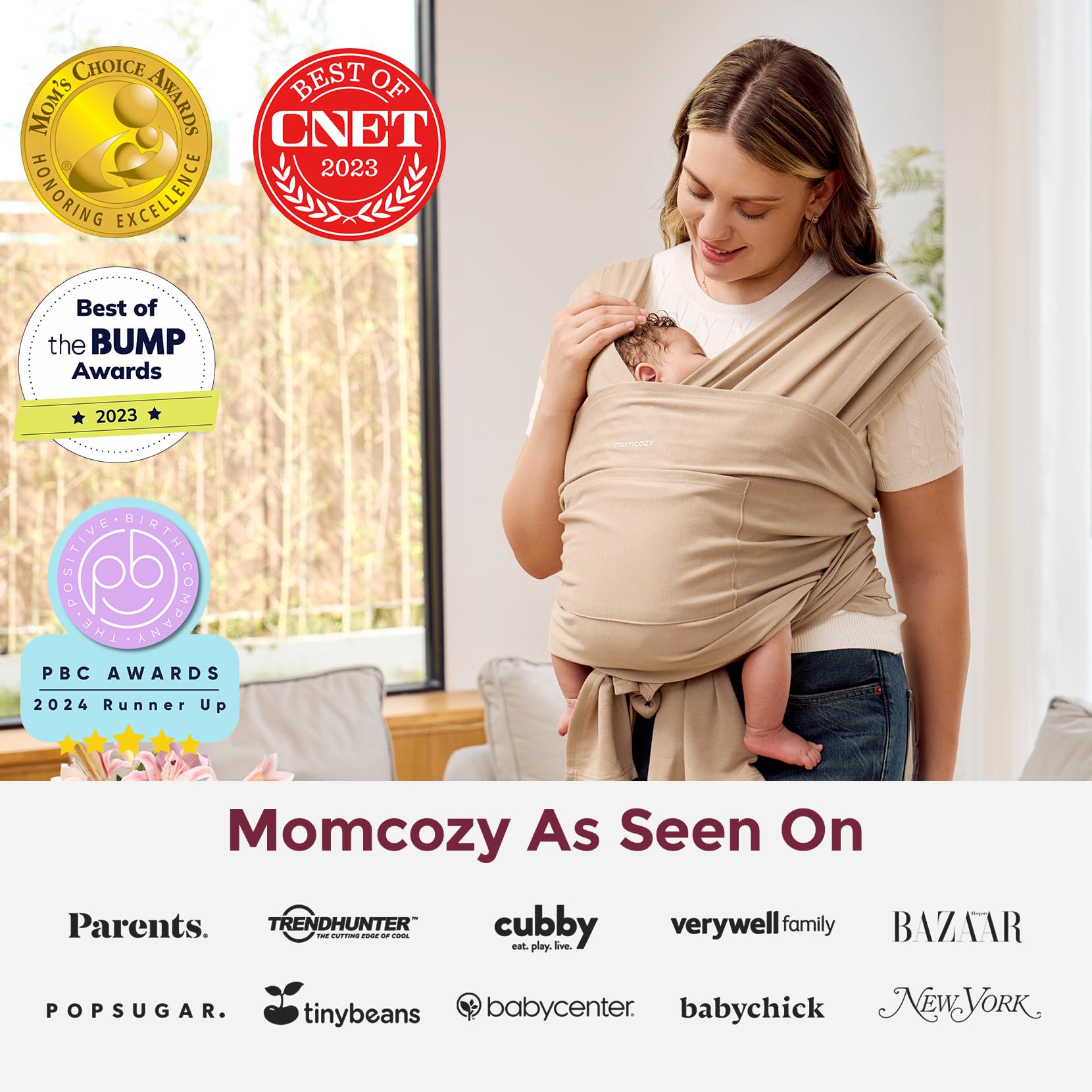 Momcozy Baby Wrap Carrier breastfeeding privacy view indicates hands-free nursing.