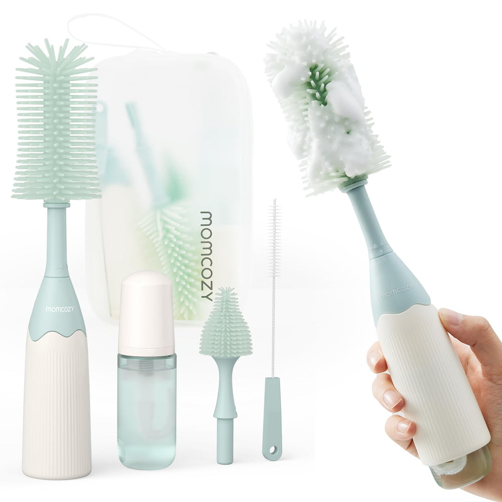 Momcozy bottle brush kit with push-foam design for thorough foaming bottle cleaning.