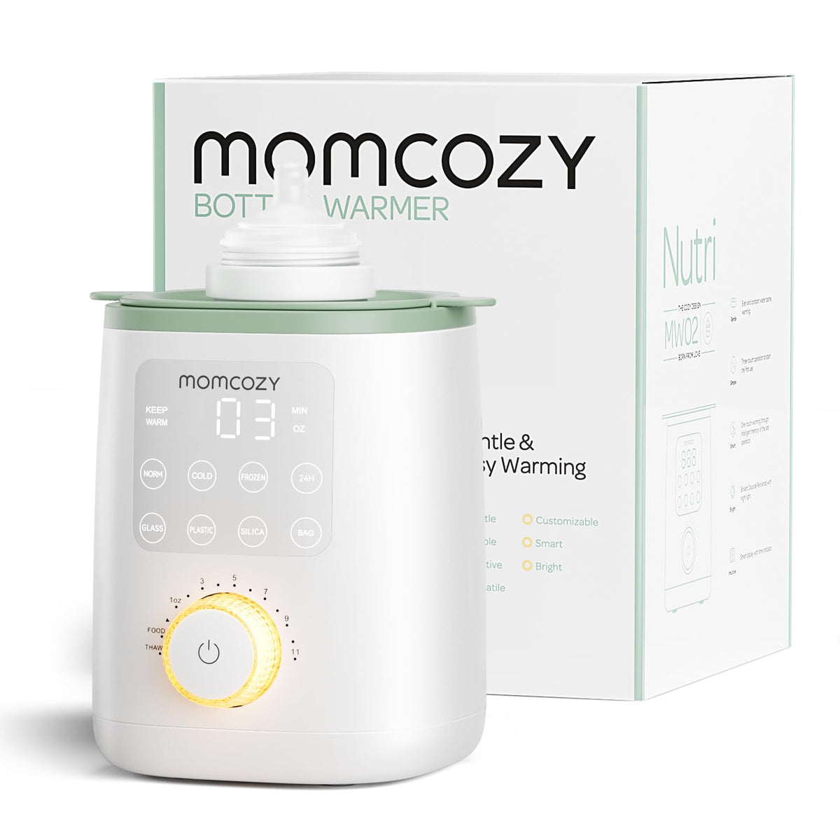 Momcozy bottle warmer front view shows compact nursery-ready design