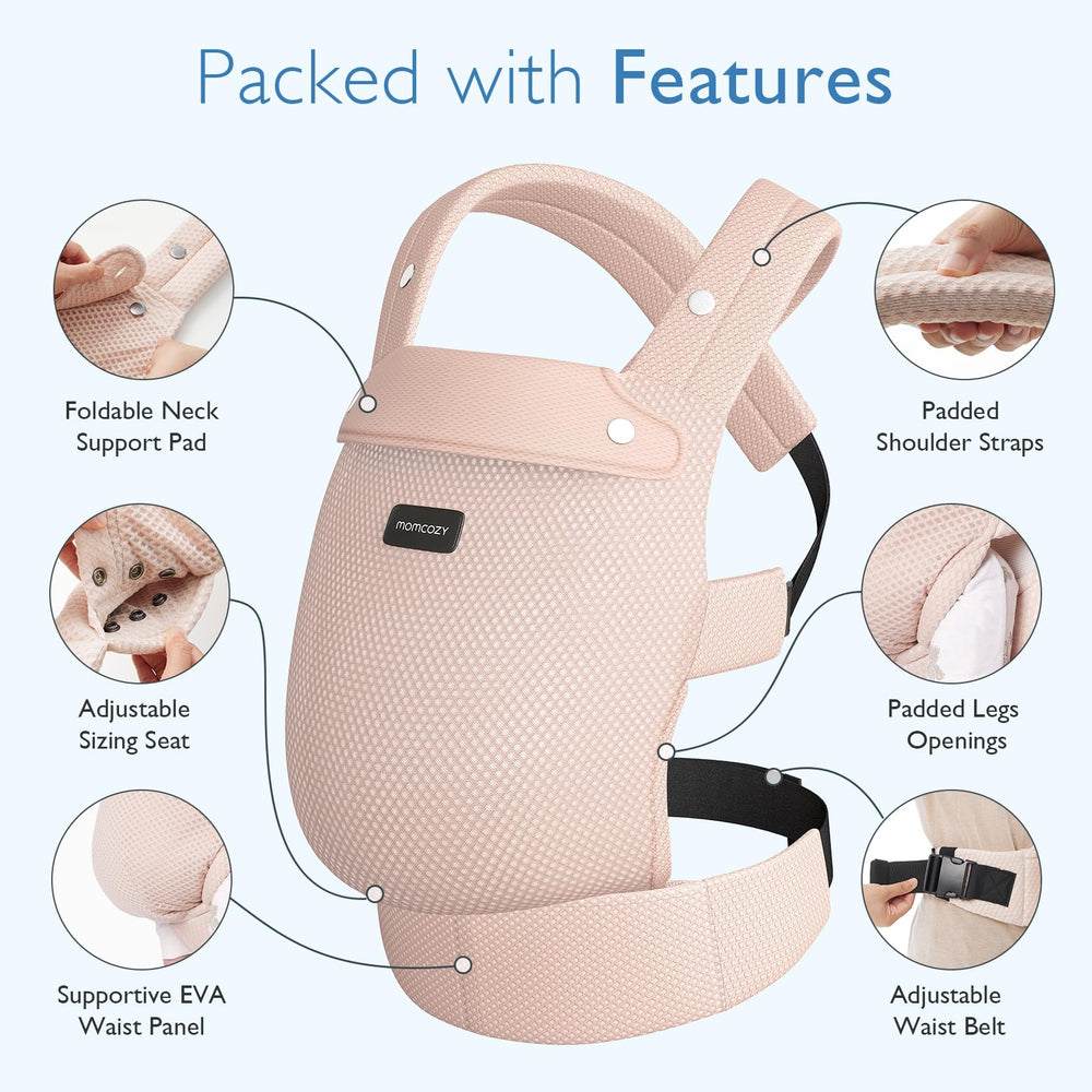 Ergonomic M-position support for baby's hips and spine in Momcozy carrier