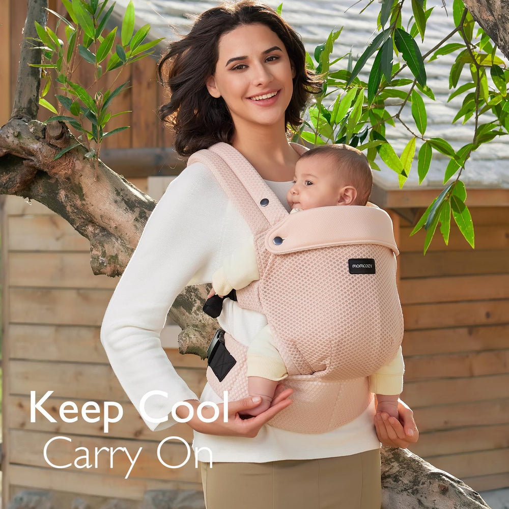 Three adjustable sizes of Momcozy carrier for newborn to toddler growth