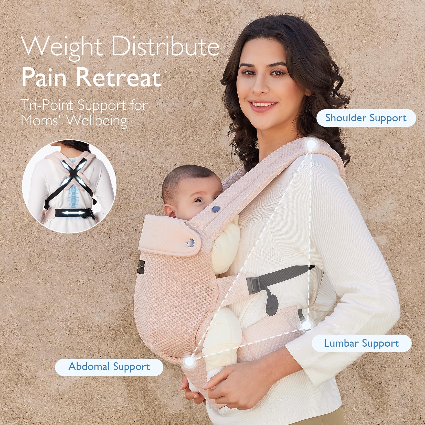 X-shaped back design of Momcozy carrier distributes weight evenly