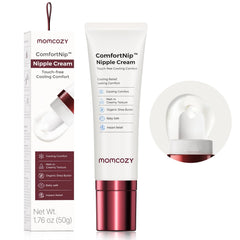 Momcozy cooling nipple cream with ceramic applicator delivering soothing relief