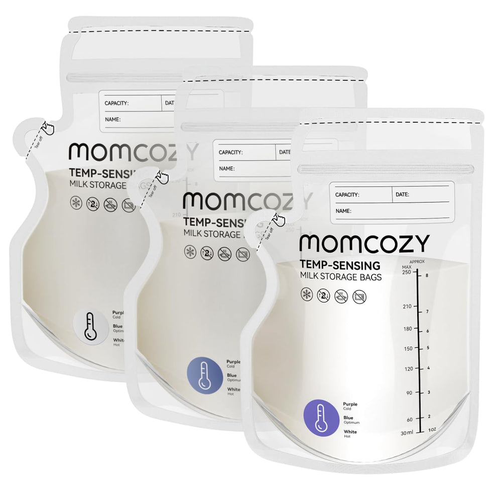 Momcozy Easy Pour bag shows temp color change for safe feeding cues.