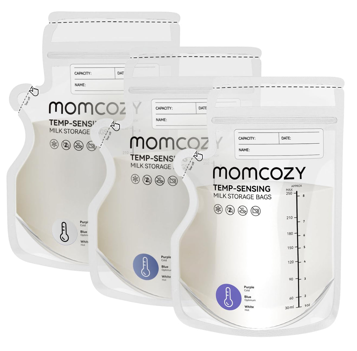 Momcozy Easy Pour bag shows temp color change for safe feeding cues.