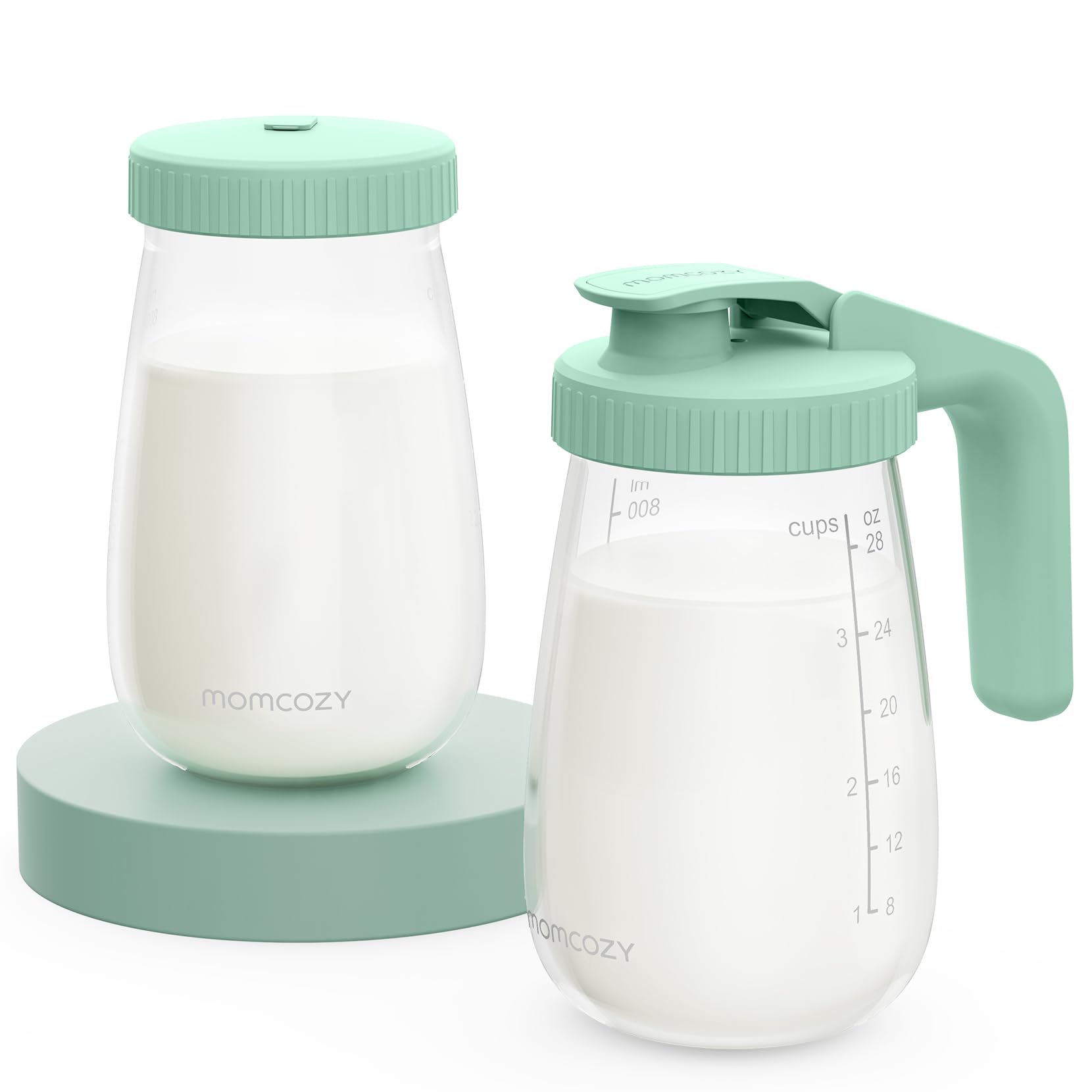 Momcozy glass breast milk pitcher with flat lid for compact storage.