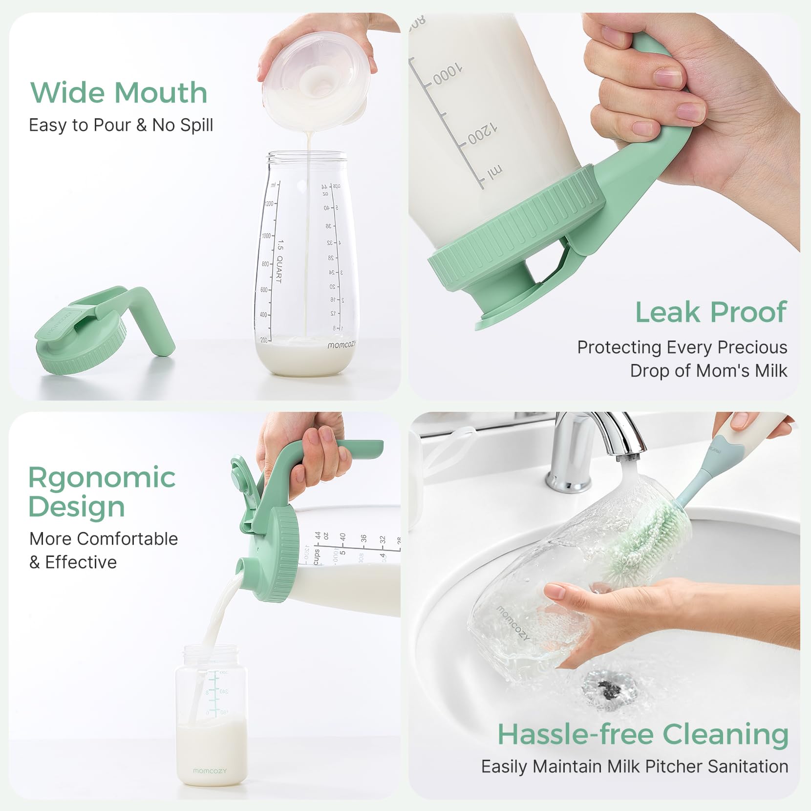 Momcozy Glass Breast Milk Pitcher ergonomic handle for a comfortable grip