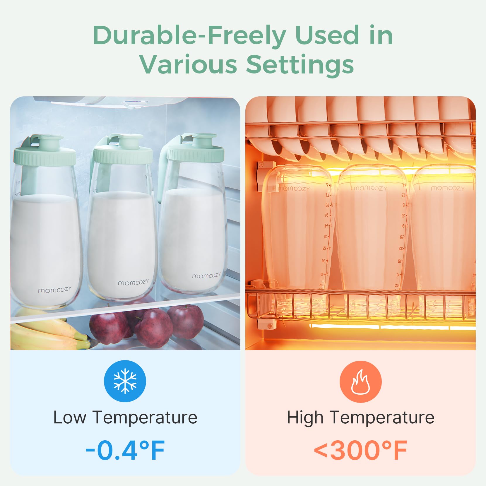Momcozy Glass Breast Milk Pitcher leak-proof seal preserves freshness during transfers