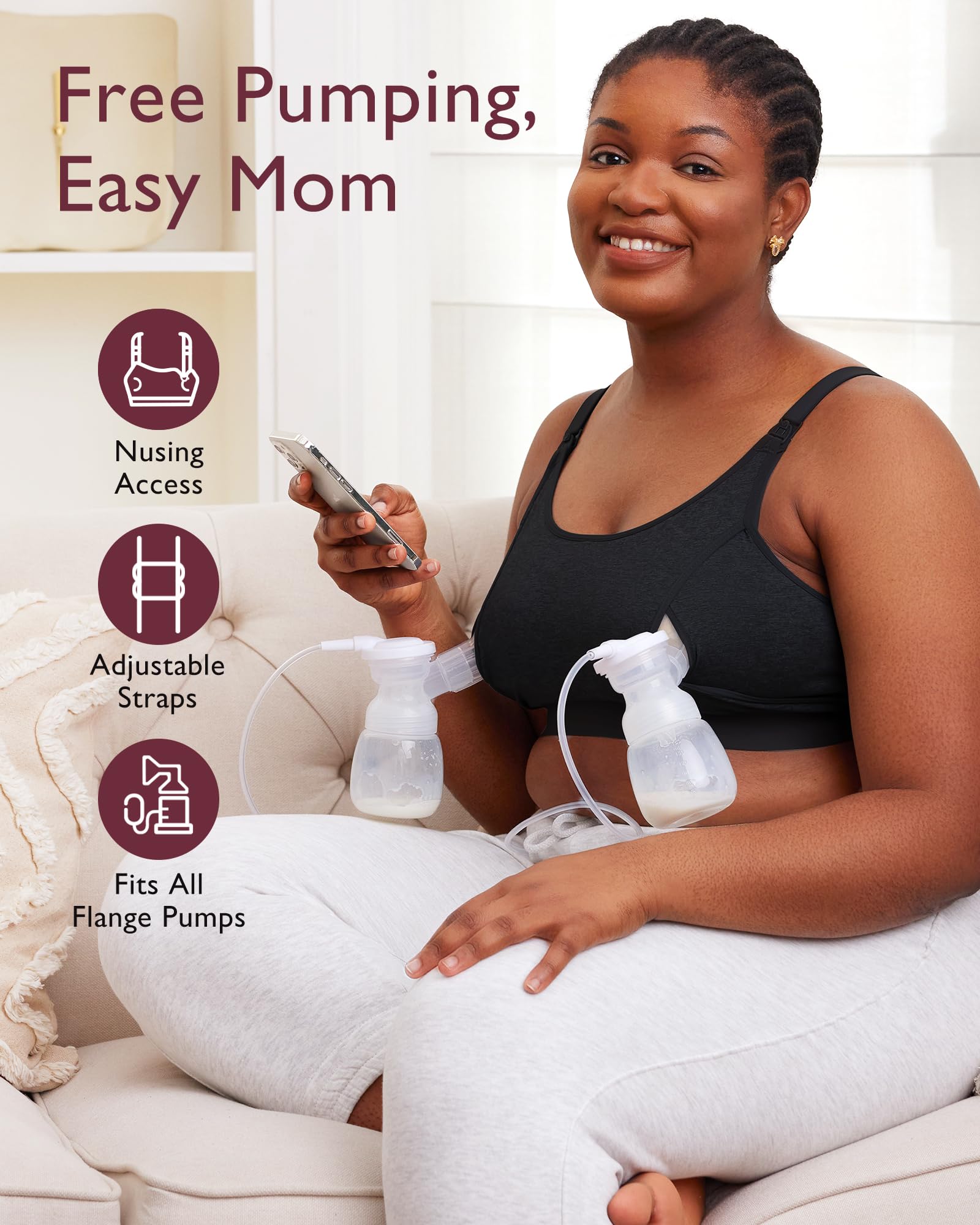 Momcozy pumping bra shows bottle shields and stability during pumping sessions.