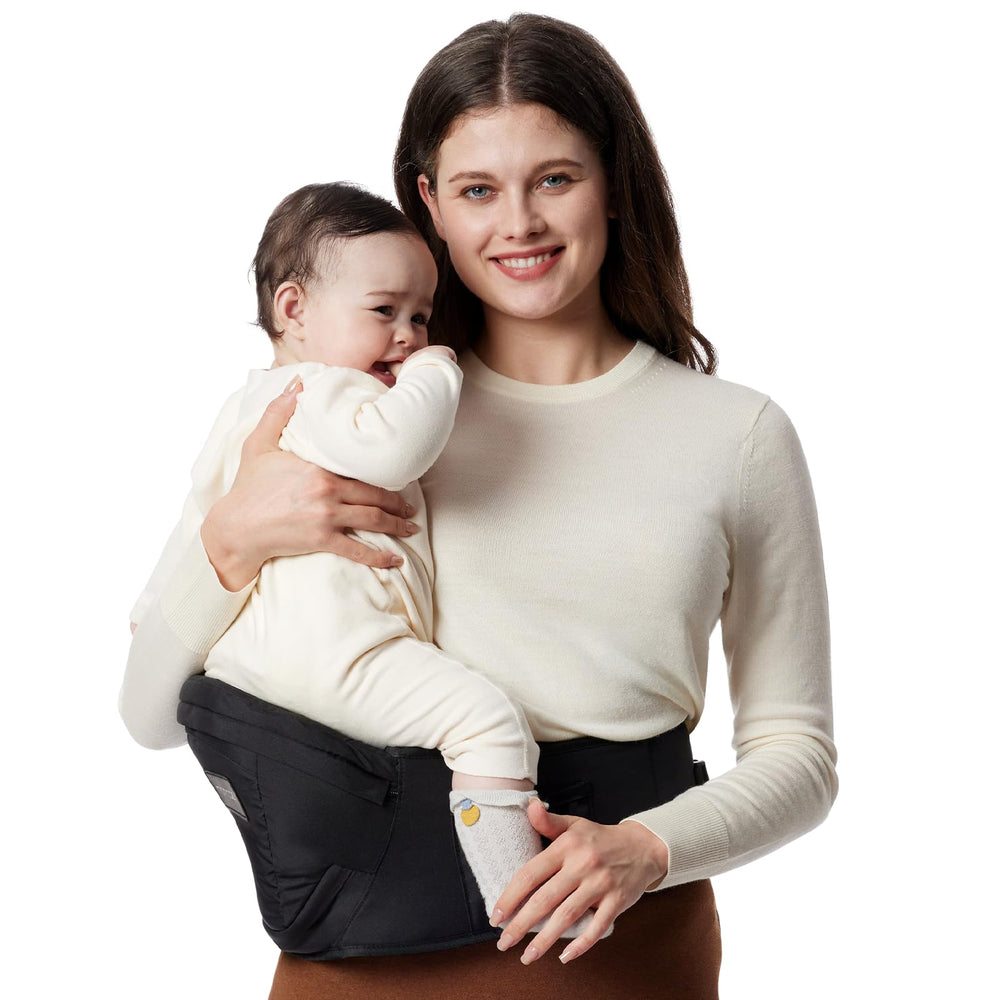 Momcozy hip seat carrier with 3D belly support provides even weight distribution