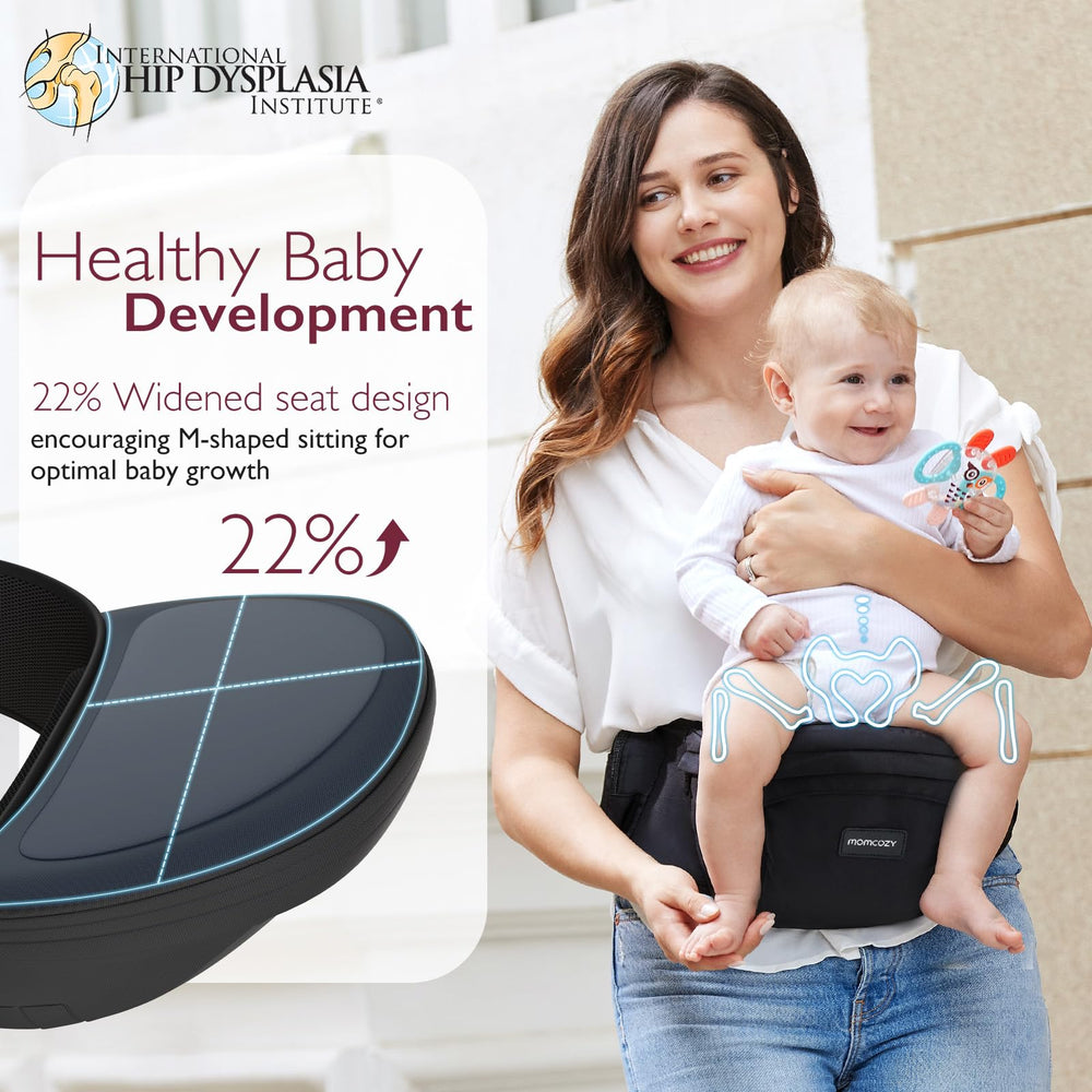 Momcozy hip seat carrier adjustable waistband highlights ergonomic design and secure fit