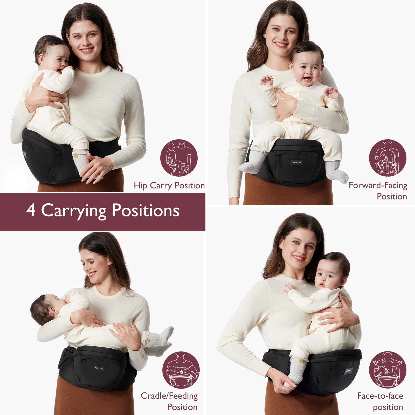 Momcozy hip seat with built-in diaper bag pockets for essentials