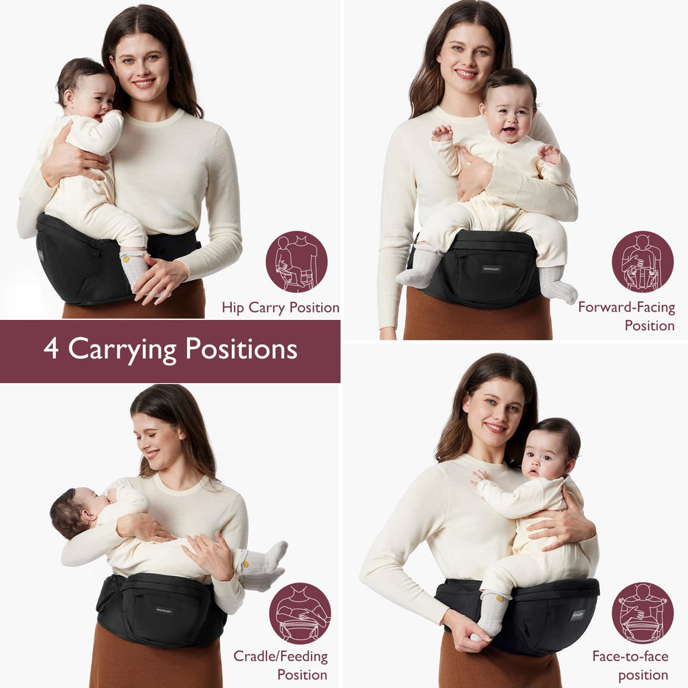 Momcozy hip seat with built-in diaper bag pockets for essentials