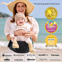 Momcozy hip seat demonstrates inward and outward carrying for versatile use