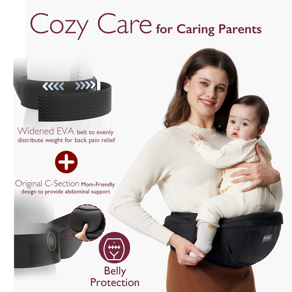 Momcozy hip seat shows multiple carrying options for newborns and toddlers