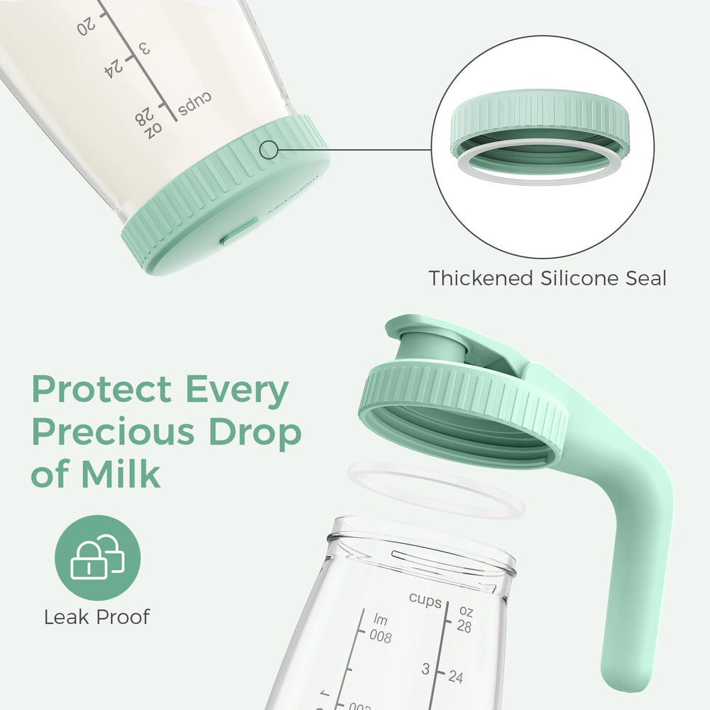 Momcozy leak-proof pitcher with ergonomic handle for precise pouring.