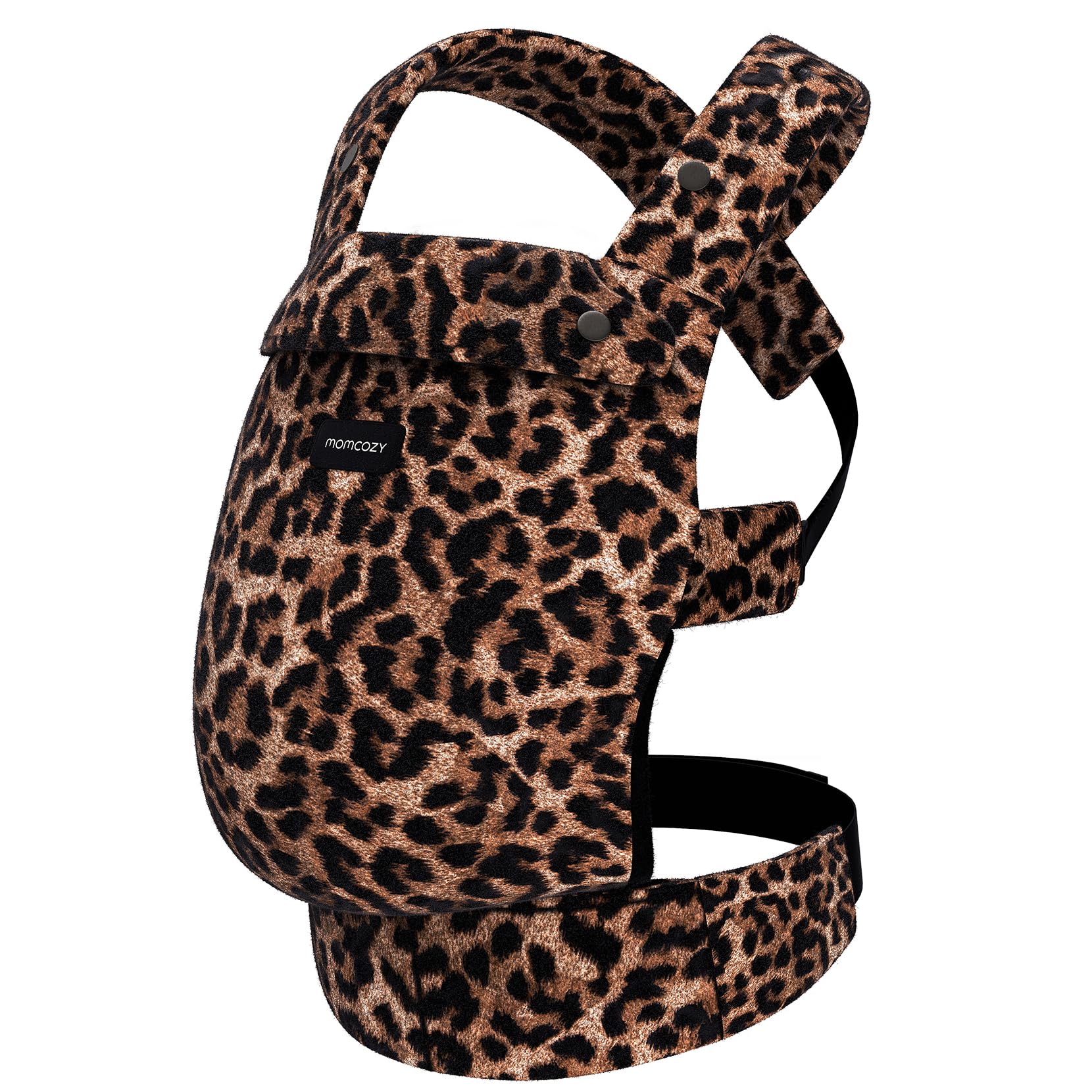 Momcozy leopard carrier supports secure hip-friendly position for restless toddlers.