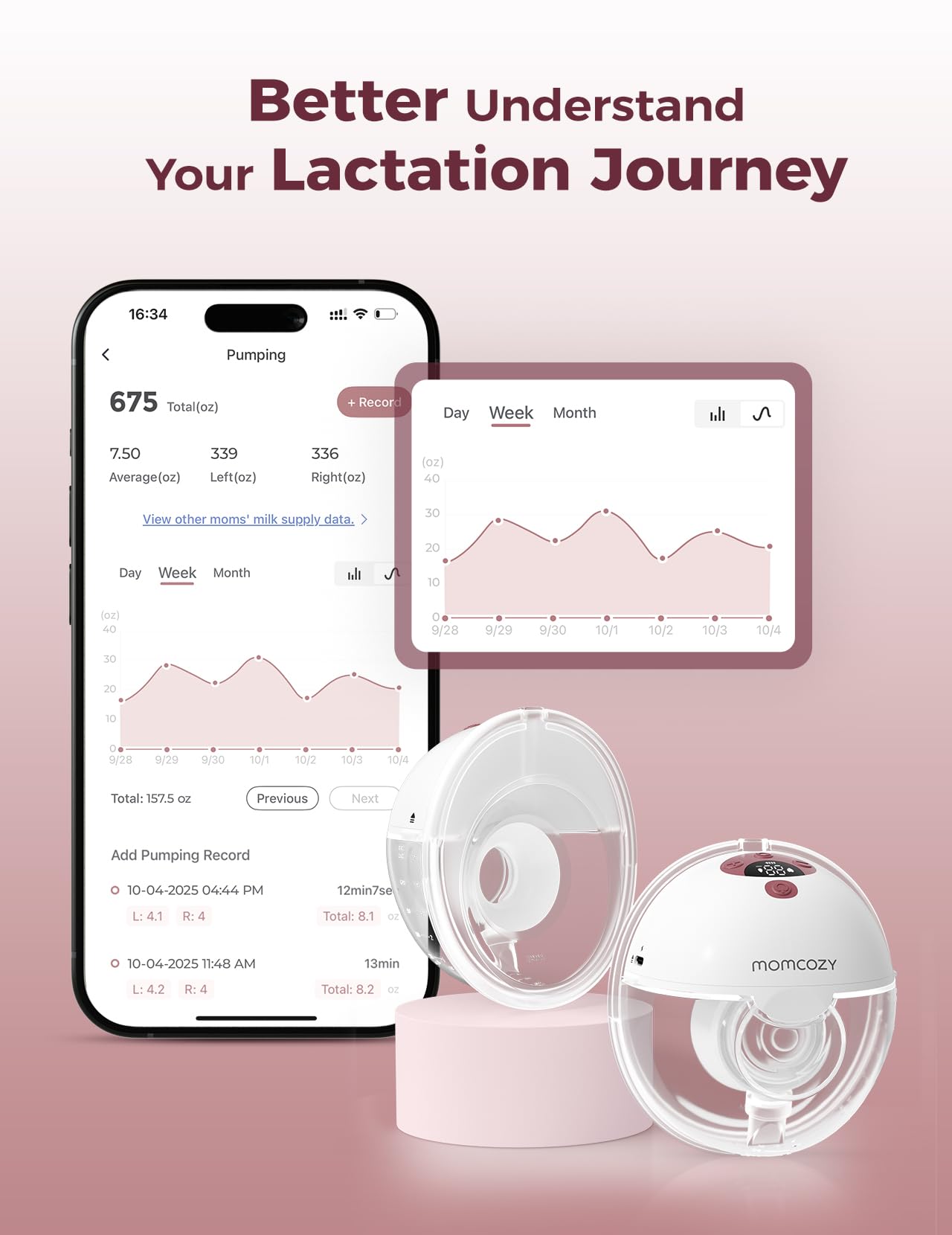 Momcozy M5 app control panel enables remote adjustments and milk-trend tracking.