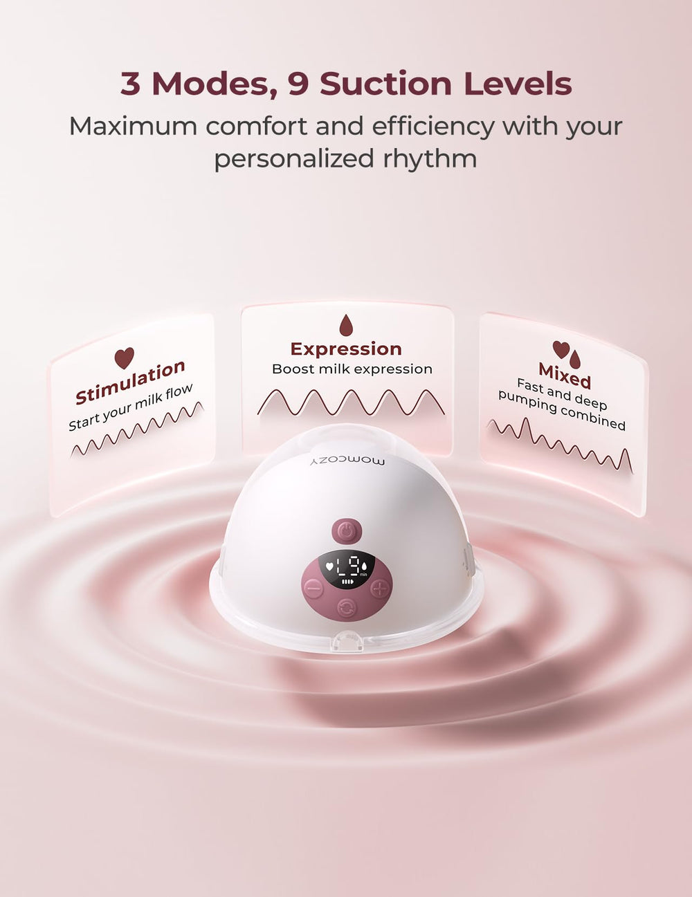 Momcozy M5 Baby Mouth suction mimics latch for comfortable sessions.
