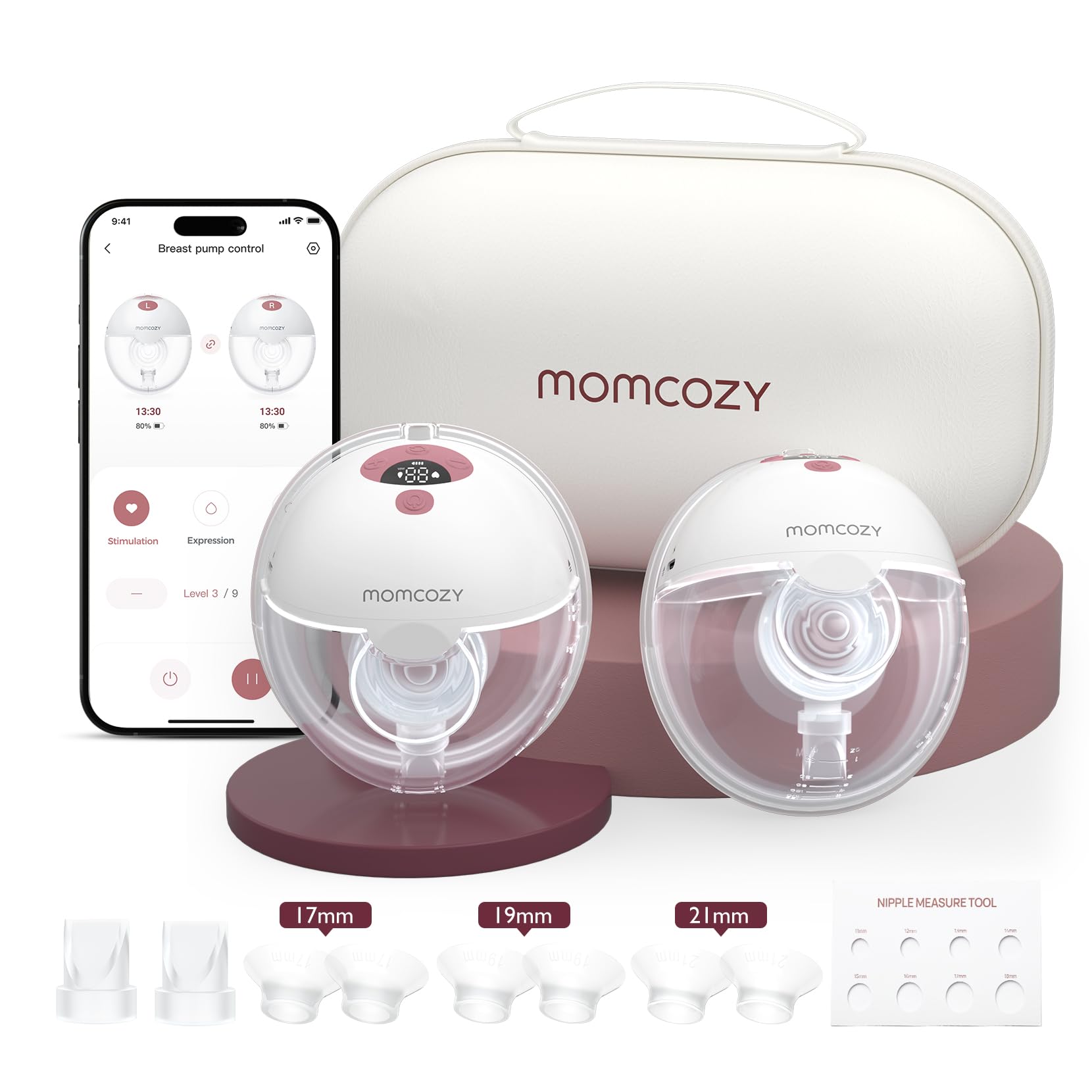 Momcozy M5 smart app-controlled wearable breast pump for hands-free use.