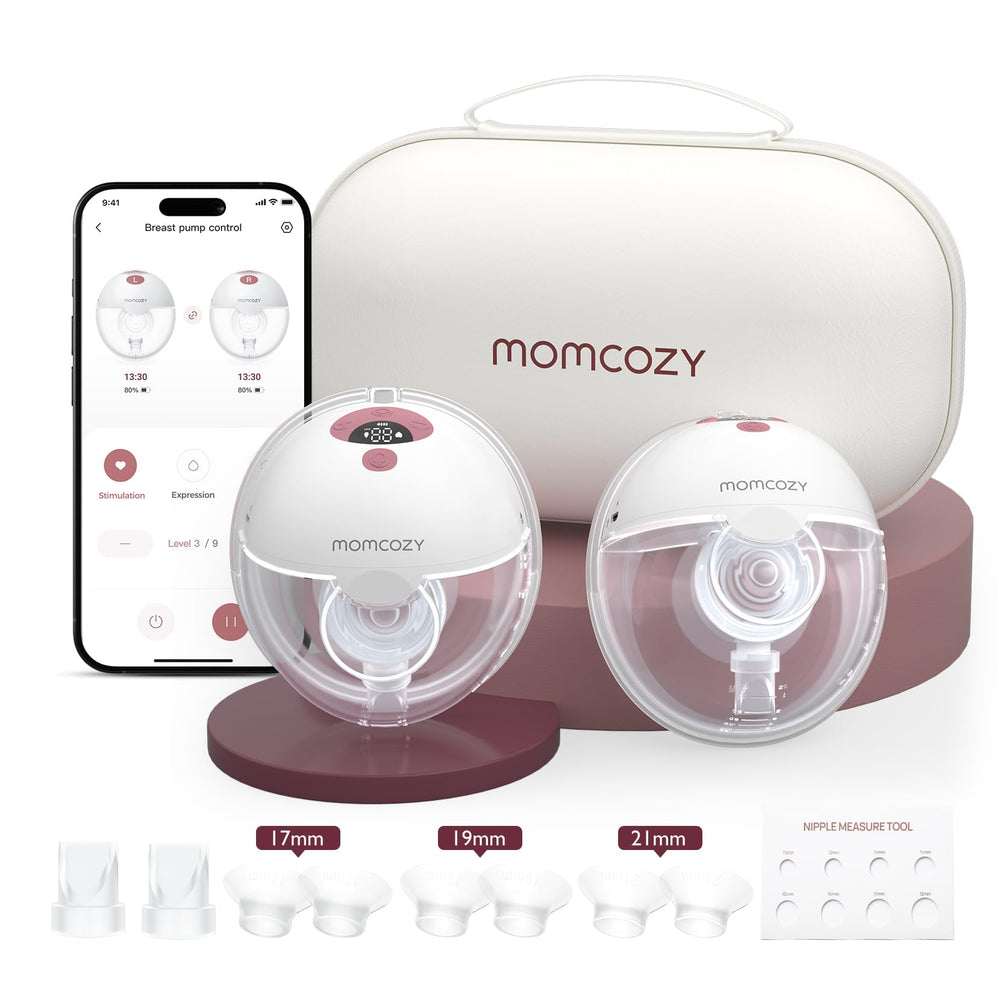 Momcozy M5 smart app-controlled wearable breast pump for hands-free use.