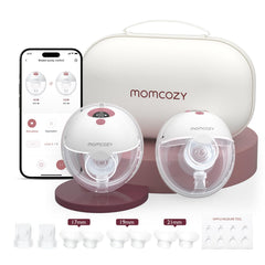 Momcozy M5 smart app-controlled wearable breast pump for hands-free use.