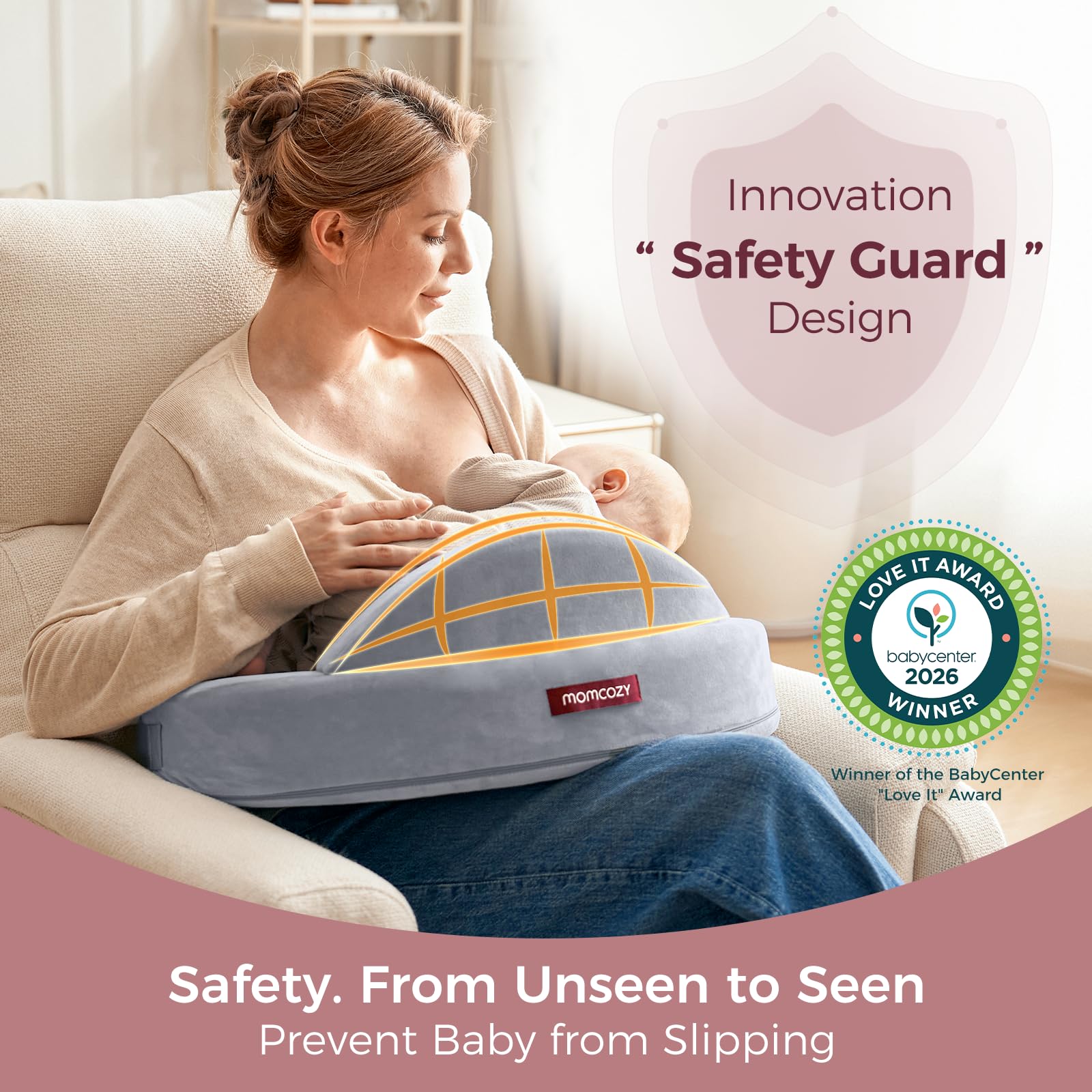 Momcozy memory foam nursing pillow delivers ergonomic support for mom and baby