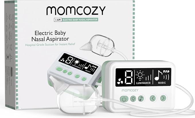 Momcozy nasal aspirator for baby usage shows gentle relief during congested moments.