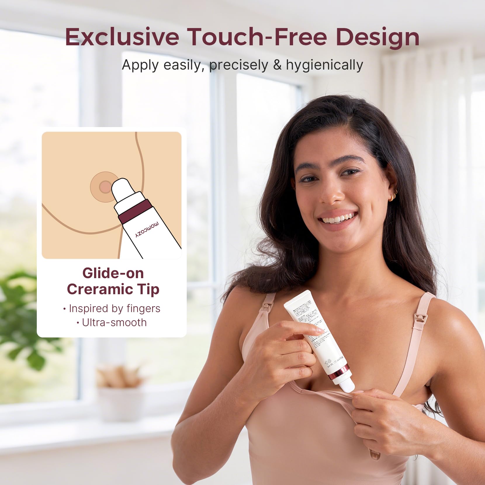 Momcozy nipple cream jar packaging highlighting lanolin-free formula for nursing