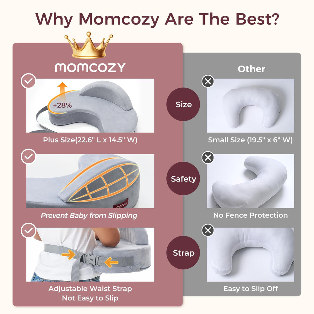 Momcozy feeding pillow demo showing baby and caregiver using safety guard
