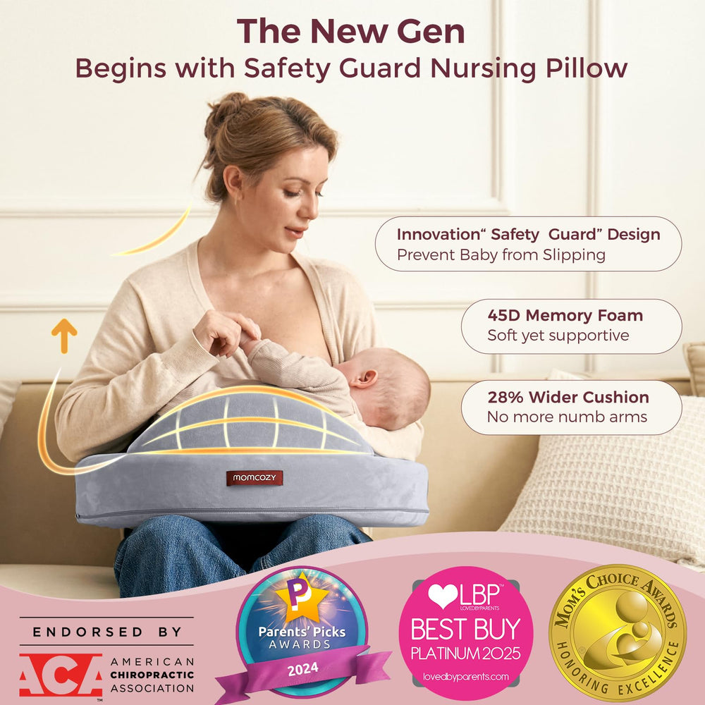Momcozy nursing pillow extended nest demonstrates roomier support for growing baby