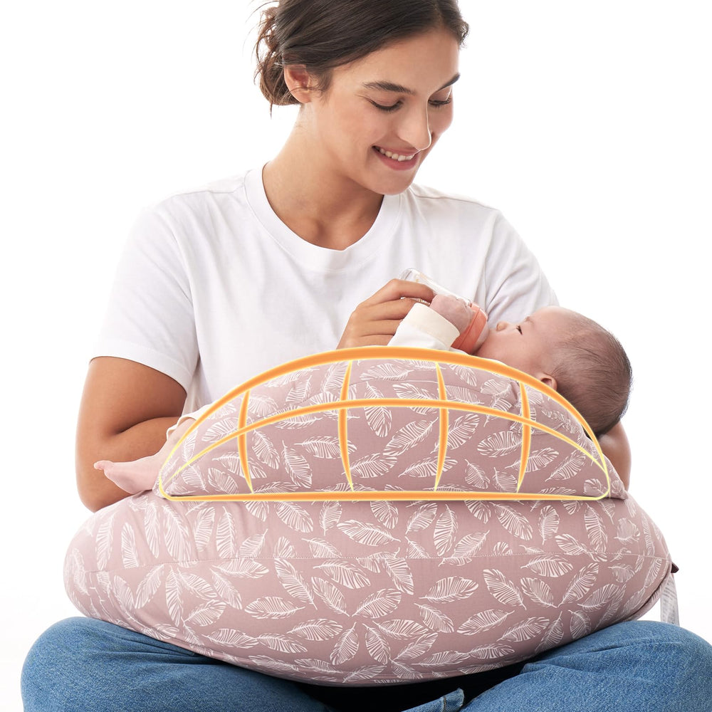 Momcozy Original Nursing Pillow with Safety Guard cradling baby for secure feeding.