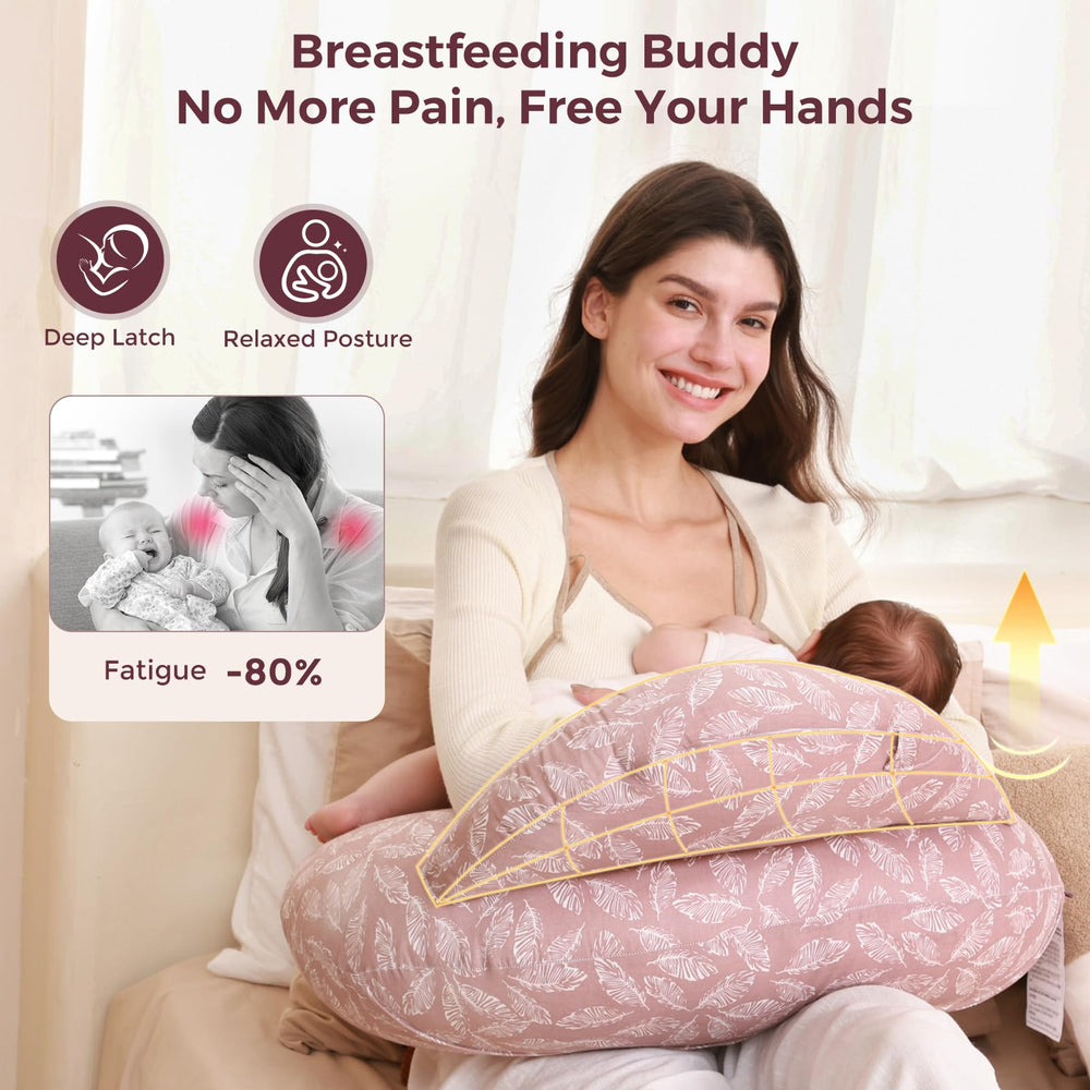 Widened sides on Momcozy pillow provide extra arm support during feeding.