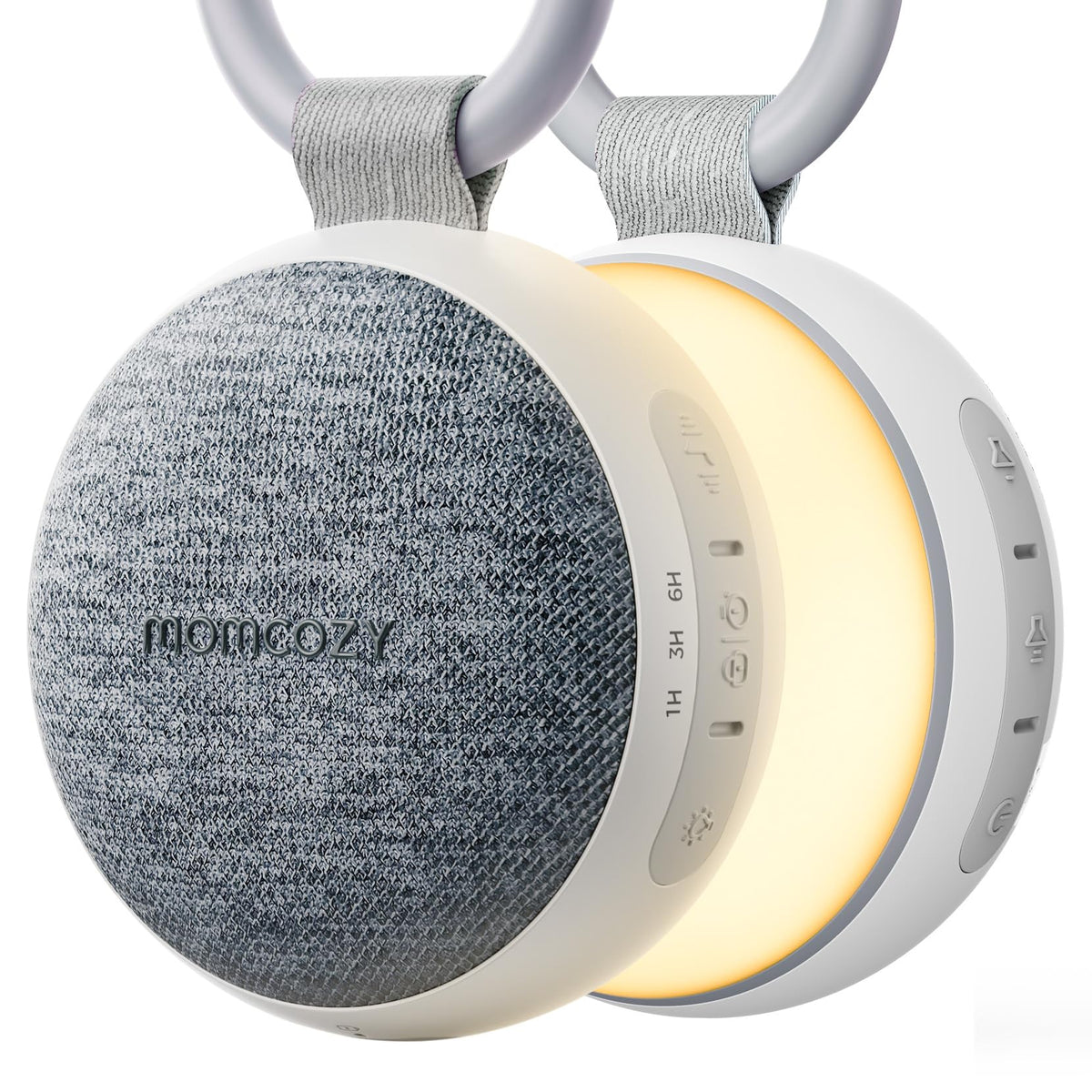 Momcozy portable sound machine night light calms baby for bedtime.