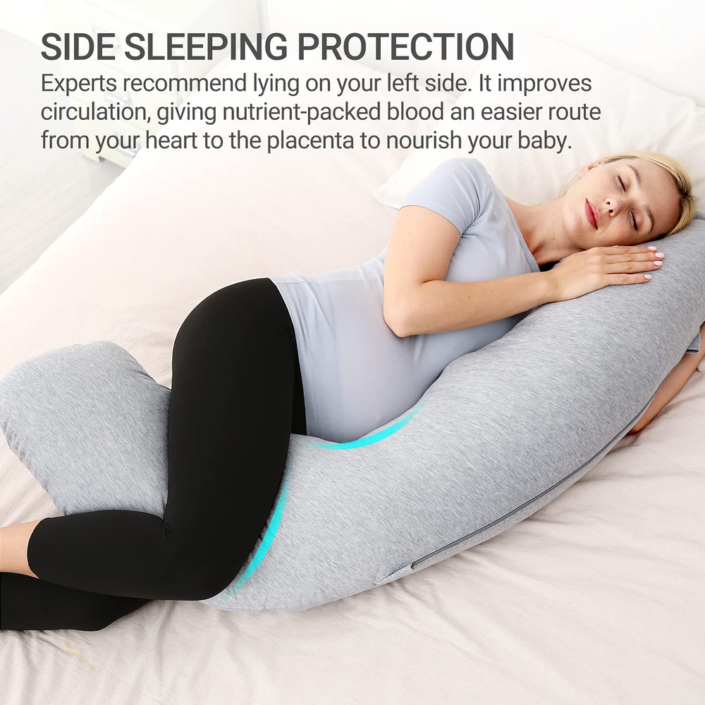 Momcozy full-body support highlights head, neck, and belly comfort