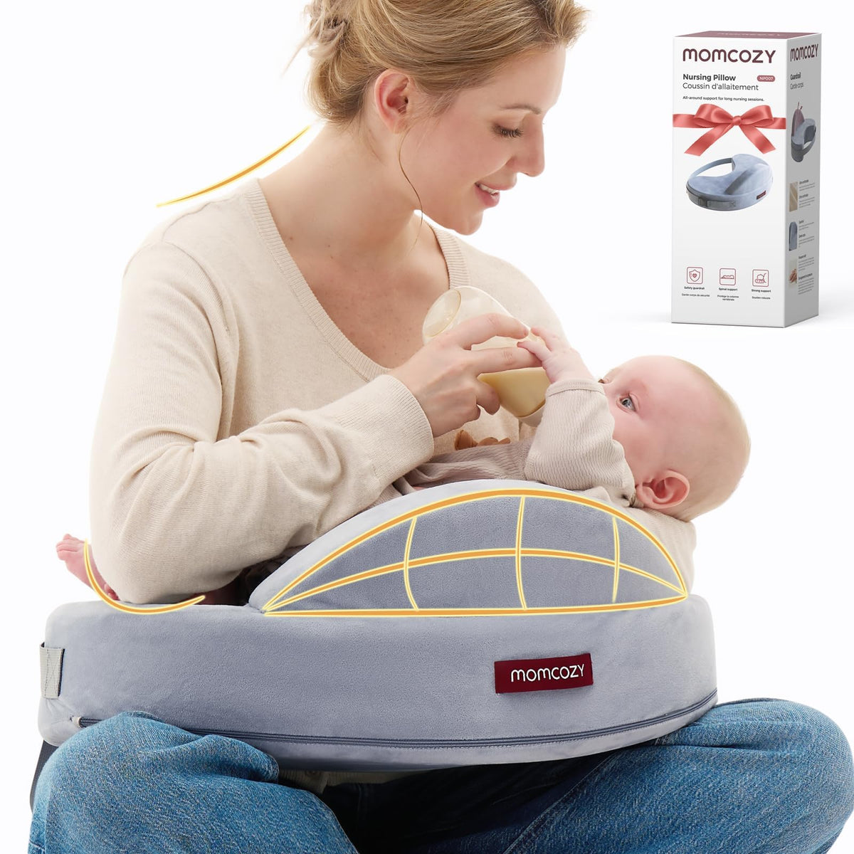 Momcozy safety guard nursing pillow side view showing cradle design for secure feeding