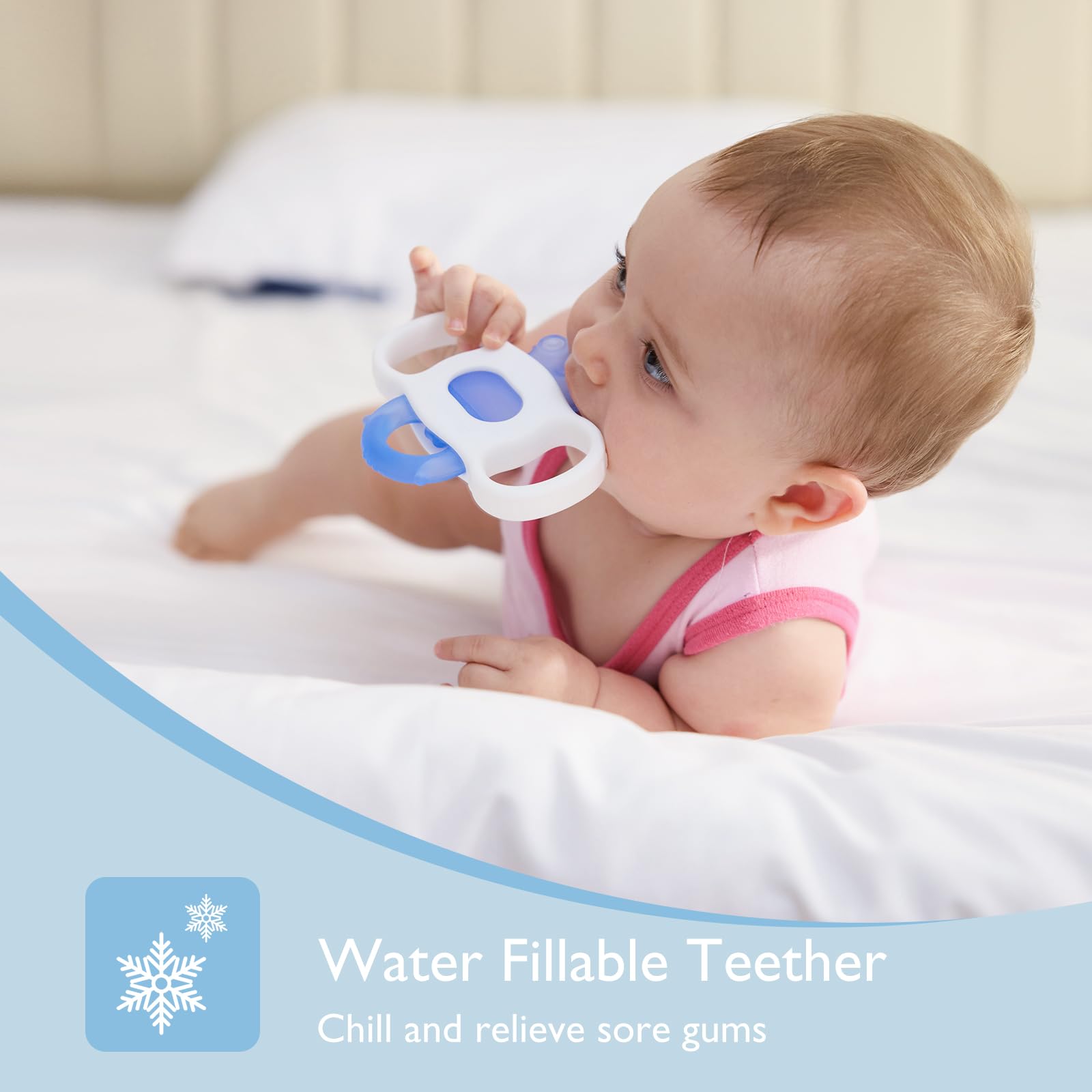 Momcozy teether dual-head grip eases handling for tiny hands.