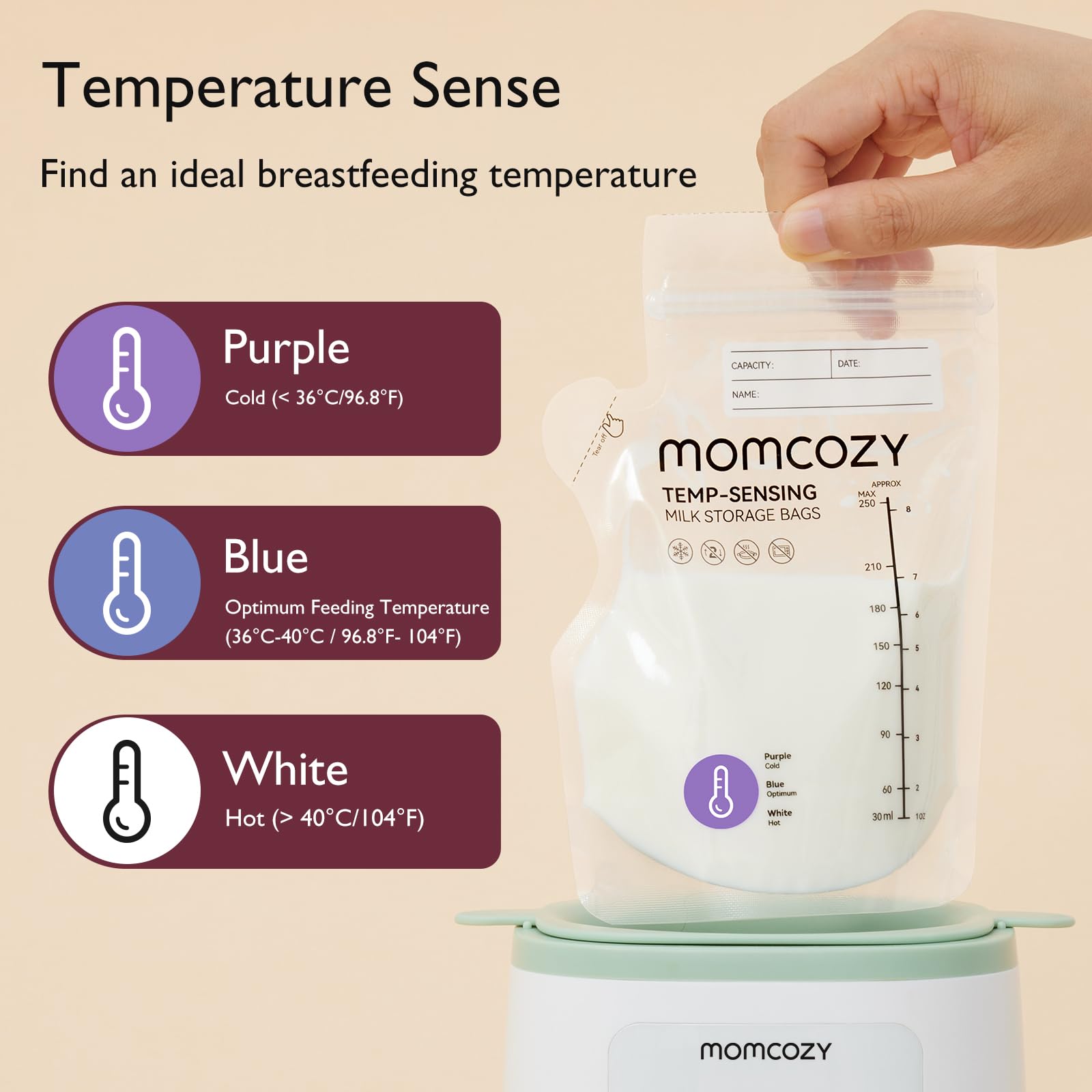 Momcozy color-change indicator helps quick temperature checks without a thermometer.