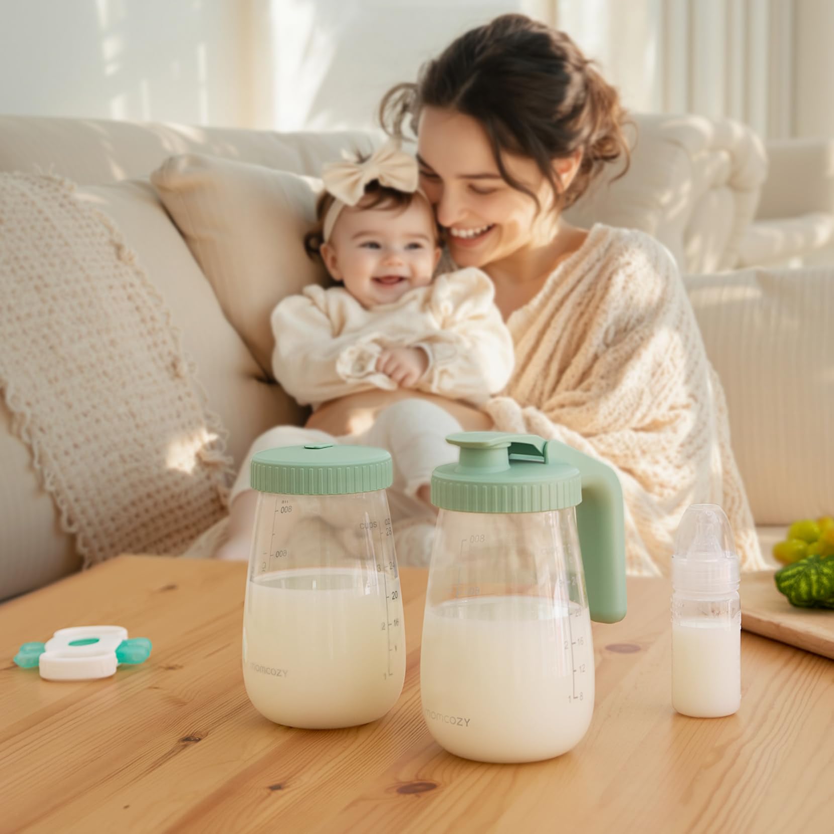 Momcozy two-pitcher set helps organize milk storage.