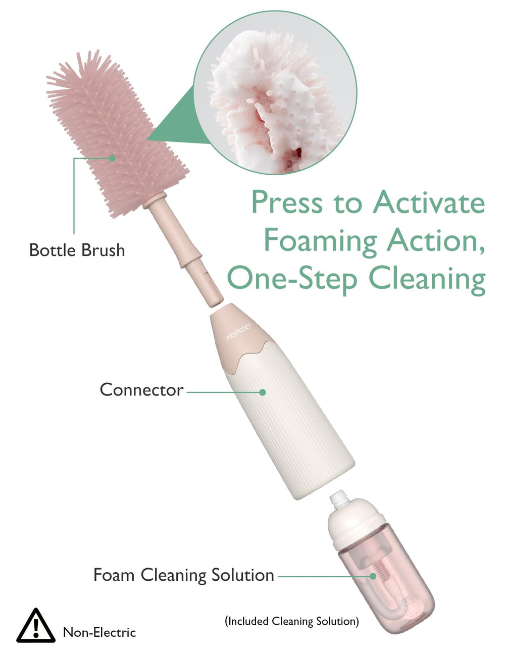 Momcozy ultra-soft silicone bristles deliver gentle bottle cleaning