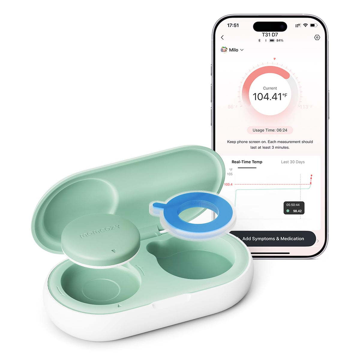 Momcozy wearable thermometer underarm patch for gentle, continuous infant monitoring.