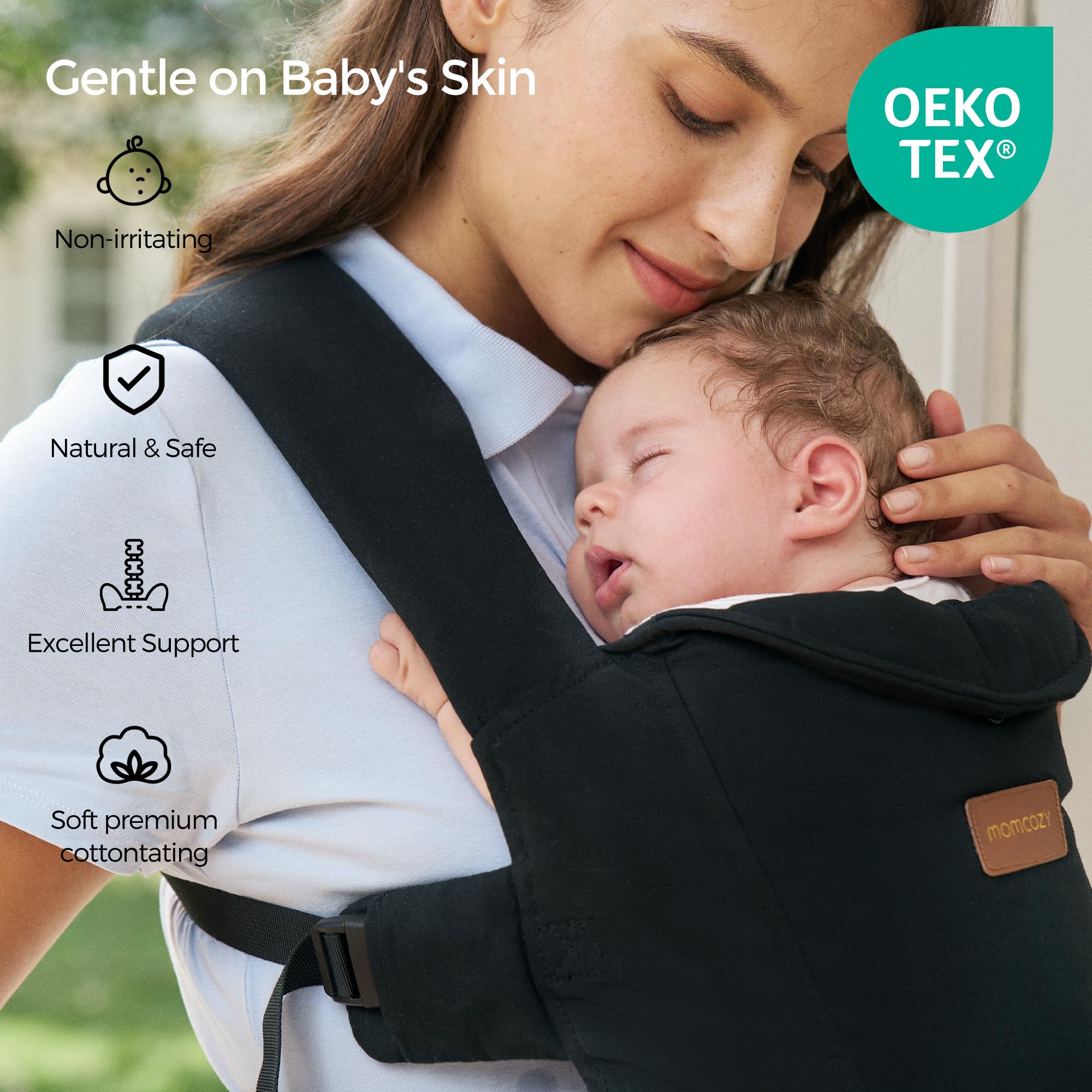Momcozy WeeSnug cross-back straps distribute weight for comfortable daily wear